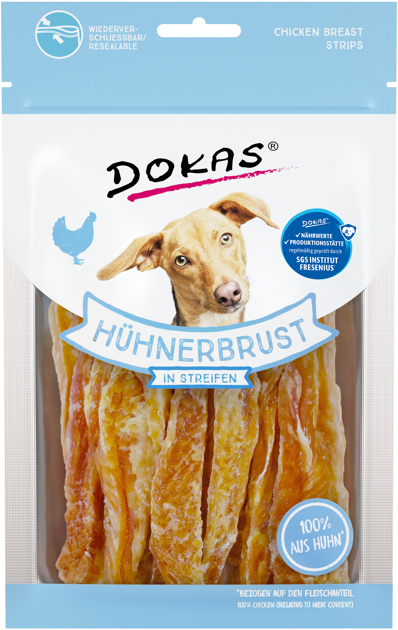 DOKAS Hühner- oder Entenbrustbrust in Streifen Hundesnack