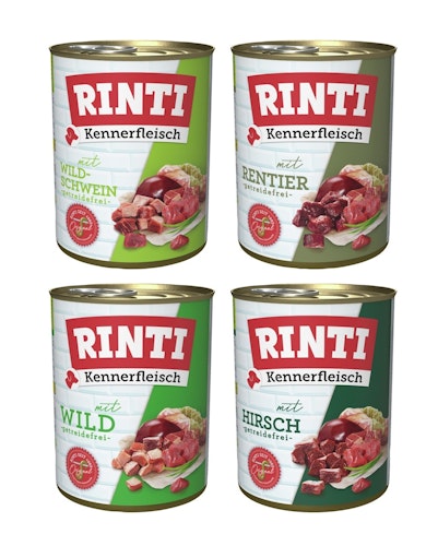 RINTI Kennerfleisch 24 x 400g Mixpaket (Wild,Hirsch,Rentier,Wildschwein)  Hundenassfutter