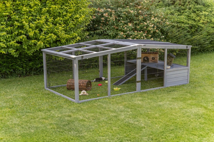 Freilaufgehege XL mit Abdeckung, Holz, 233 × 79 × 116 cm, grau