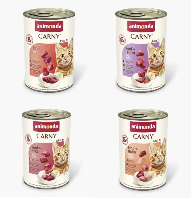 animonda Carny Adult 24 x 400g Mixpaket (Rind&Lamm, Rind&Huhn,Rind,Rind&Herz) Katzennassfutter