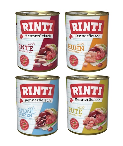 RINTI Kennerfleisch 24 x 400g Mixpaket (Huhn,Ente,Pute,Geflügelherzen)  Hundenassfutter