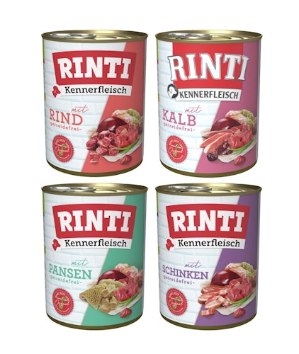 RINTI Kennerfleisch 24 x 400g Mixpaket (Kalb,Pansen,Rind,Schinken)  Hundenassfutter